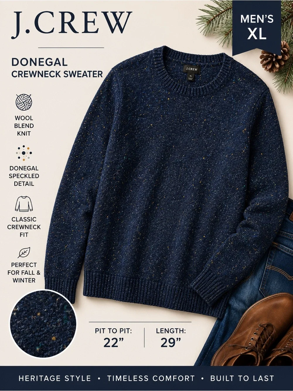 J. Crew Men’s XL Navy Donegal Speckled Wool Blend Crewneck Sweater
